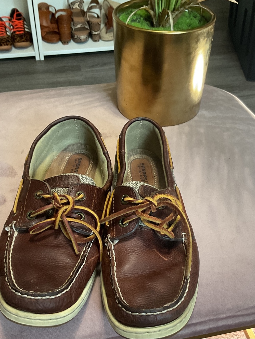 Sperry Brown Boat Shoes with Yellow Laces